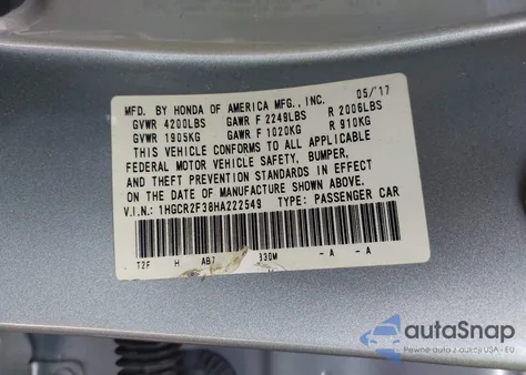 2017 Honda Accord Lx z USA, uszkodzony, nr VIN 1HGCR2F38HA222549